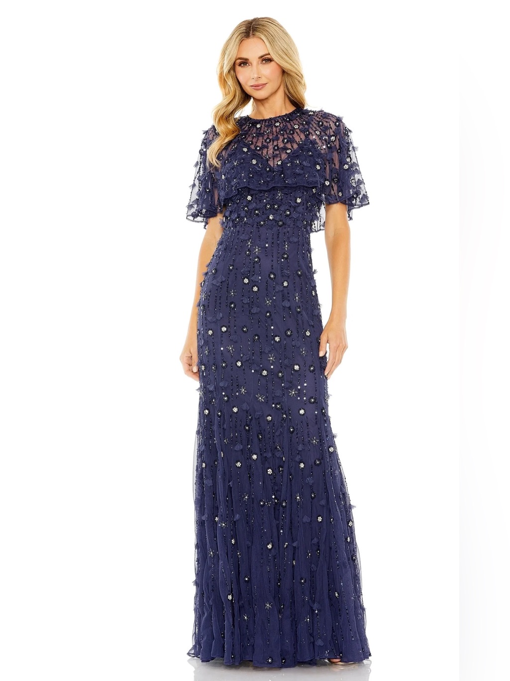 Mac Duggal 93653 Embellished Illusion Cape Sleeve Trumpet Gown Size 14 Nwt Navy